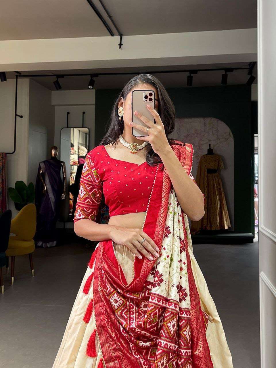 Women's Tussar Silk Patola Print Lehenga Choli Dupatta Set